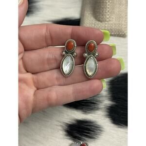 Native American Sterling Silver 925 Mother Of Pearl Red Coral Post Earrings